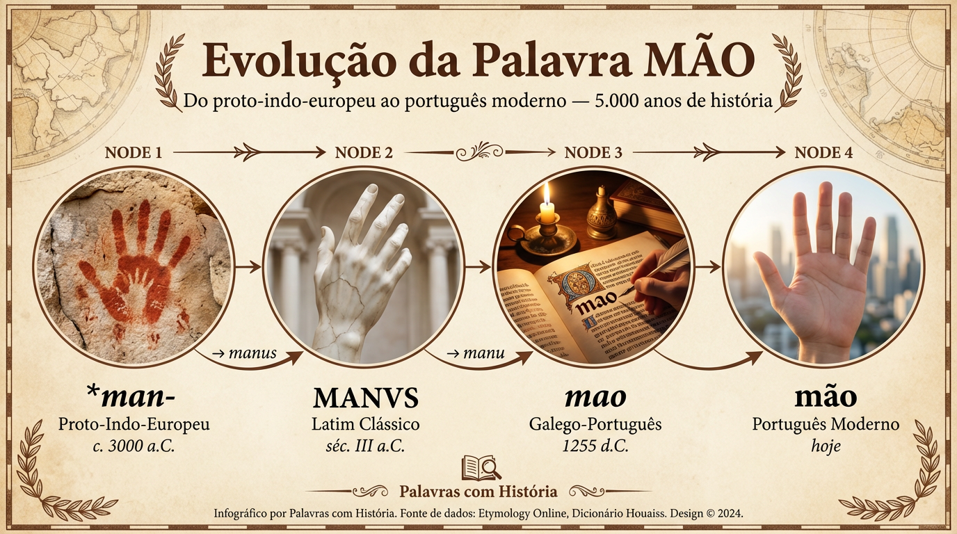 Linha do tempo da evolução da palavra mão: da raiz proto-indo-europeia *man- ao latim manus, ao galego-português mao e ao português moderno mão
