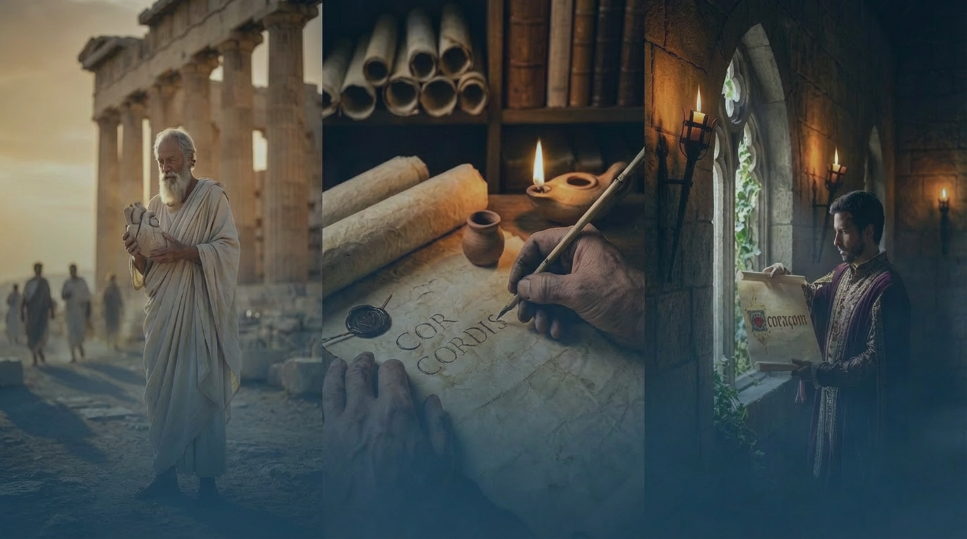 Montagem histórica sobre a origem da palavra coração com referência ao latim, manuscrito e leitura medieval