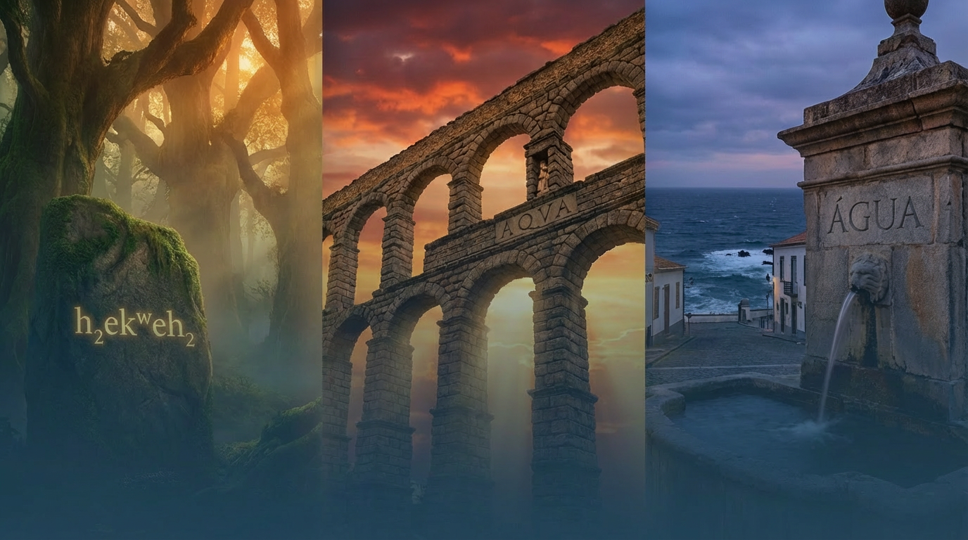 Imagem de capa sobre a origem da palavra água com raiz antiga, aqueduto romano e gota azul com a palavra água