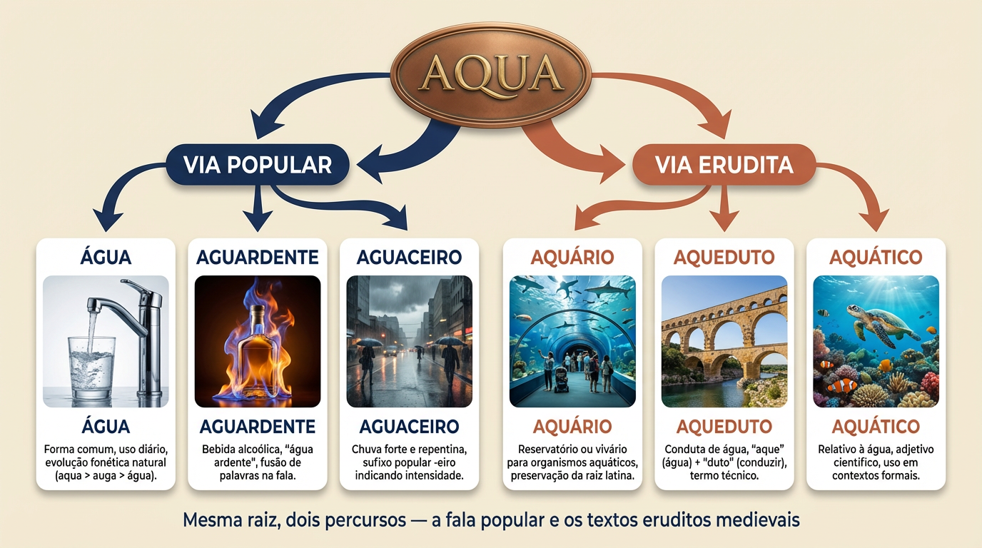 Infográfico sobre a origem da palavra água mostrando a via popular e a via erudita do latim aqua no português