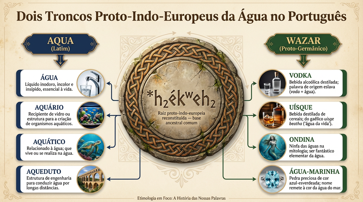 Infográfico comparativo sobre a origem da palavra água mostrando a família latina aqua e a família grega hydōr no português