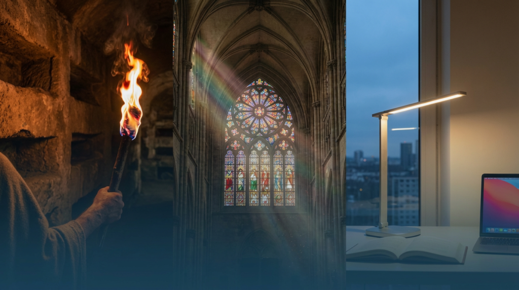 Imagem de capa sobre a origem da palavra luz com tocha antiga, catedral iluminada e luminária moderna