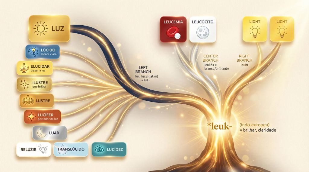 Infográfico sobre a origem da palavra luz com raiz antiga, latim lux e palavras da mesma família