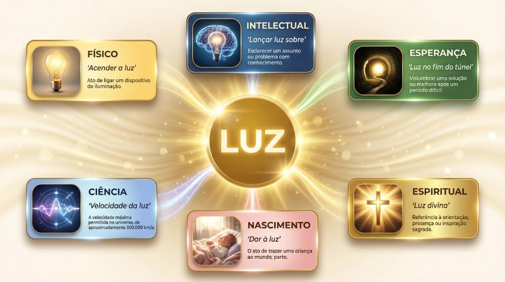 Infográfico sobre a origem da palavra luz e seus sentidos físicos, intelectuais e simbólicos no português