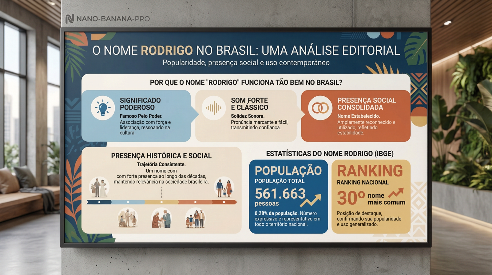 Rodrigo no Brasil — Dados IBGE Infográfico editorial com dados do IBGE sobre o significado do nome Rodrigo no Brasil: 561.663 registros, 30º nome, 2º com letra R.