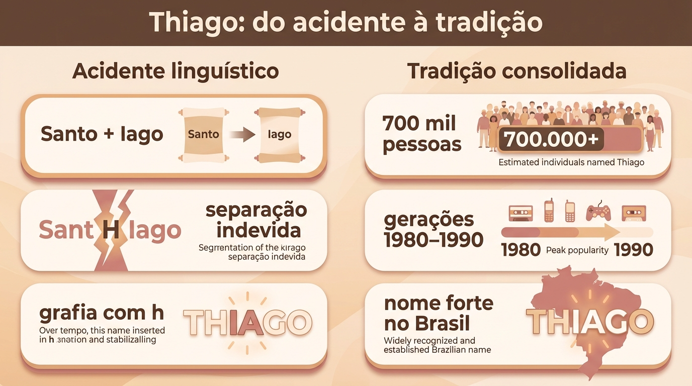 Thiago: do Acidente Linguístico à Tradição Infográfico comparativo sobre o significado do nome Thiago, relacionando o acidente linguístico com a tradição consolidada no Brasil.