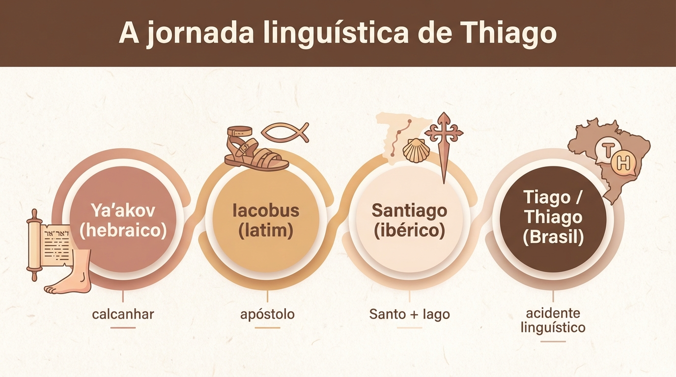 Linha Histórica do Nome Thiago Infográfico sobre o significado do nome Thiago mostrando a trajetória do hebraico Ya'akov ao Brasil atual.