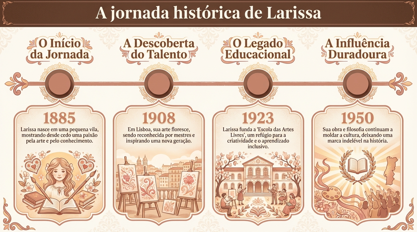 A Jornada Histórica de Larissa Infográfico sobre o significado do nome Larissa mostrando a trajetória da Tessália antiga ao Brasil atual.