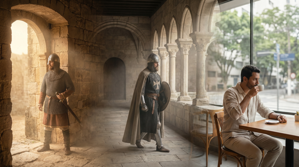 Capa editorial panorâmica sobre o significado do nome Rodrigo, com jornada temporal masculina em três núcleos integrados: origem visigótica, heroísmo ibérico medieval e presença contemporânea no Brasil.