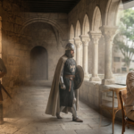 Capa editorial panorâmica sobre o significado do nome Rodrigo, com jornada temporal masculina em três núcleos integrados: origem visigótica, heroísmo ibérico medieval e presença contemporânea no Brasil.