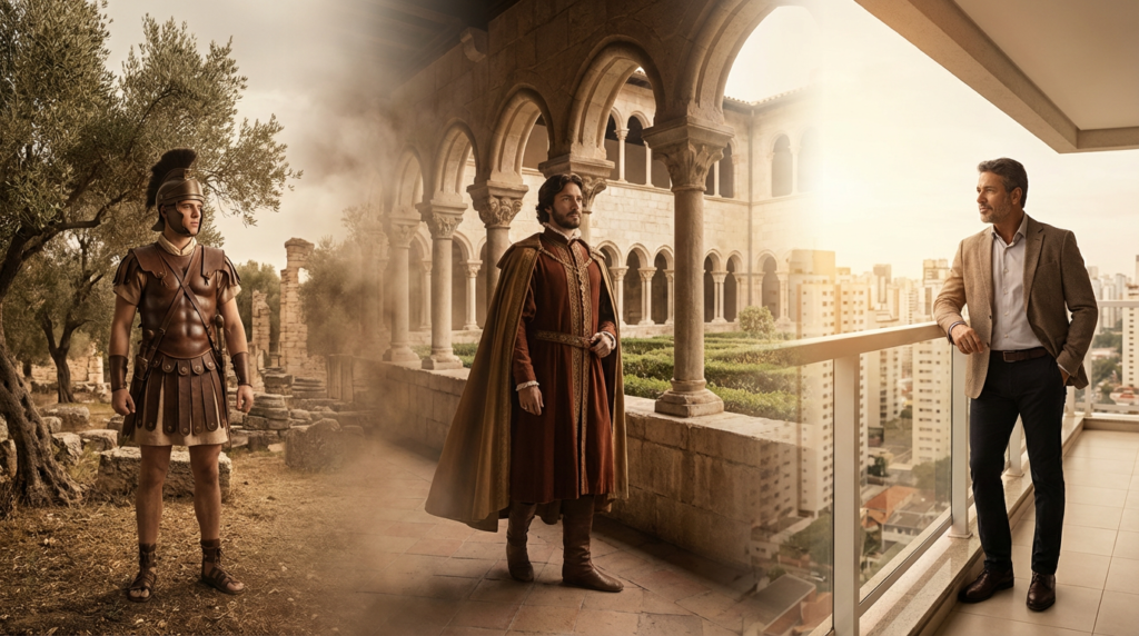 Capa editorial do significado do nome Sebastião, unindo a tradição romana, o martírio cristão e a presença contemporânea no Brasil