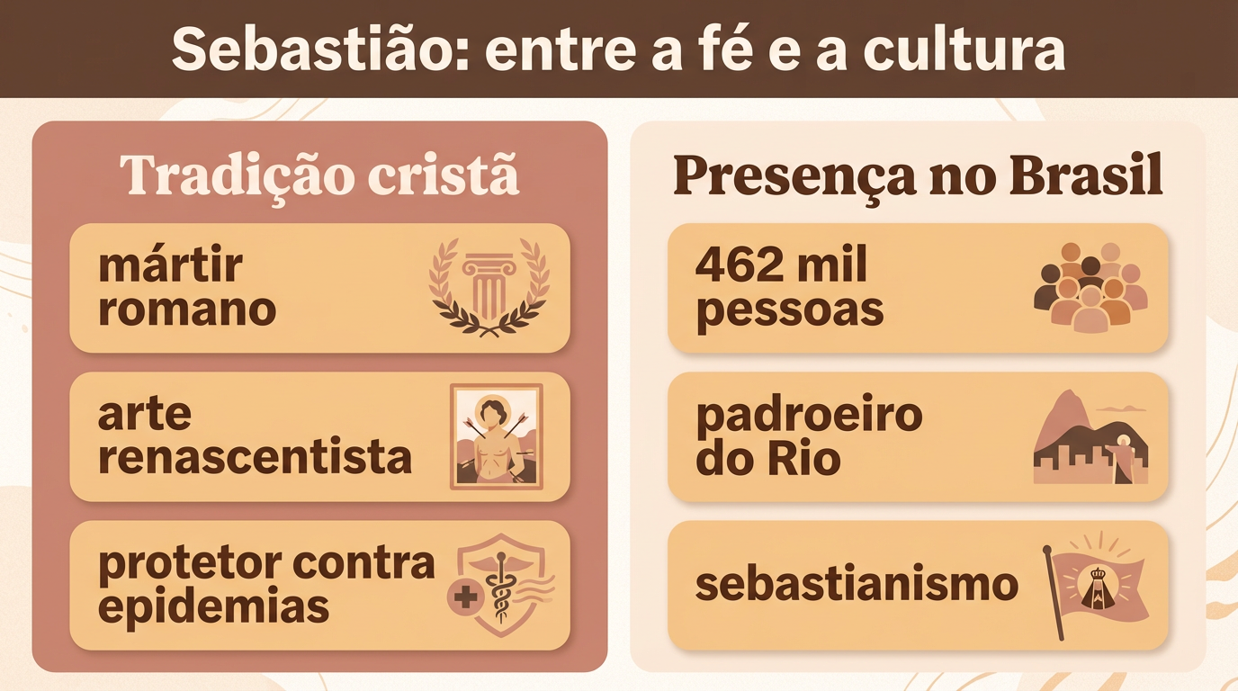 Infográfico comparativo sobre o significado do nome Sebastião, relacionando tradição cristã e presença cultural no Brasil.