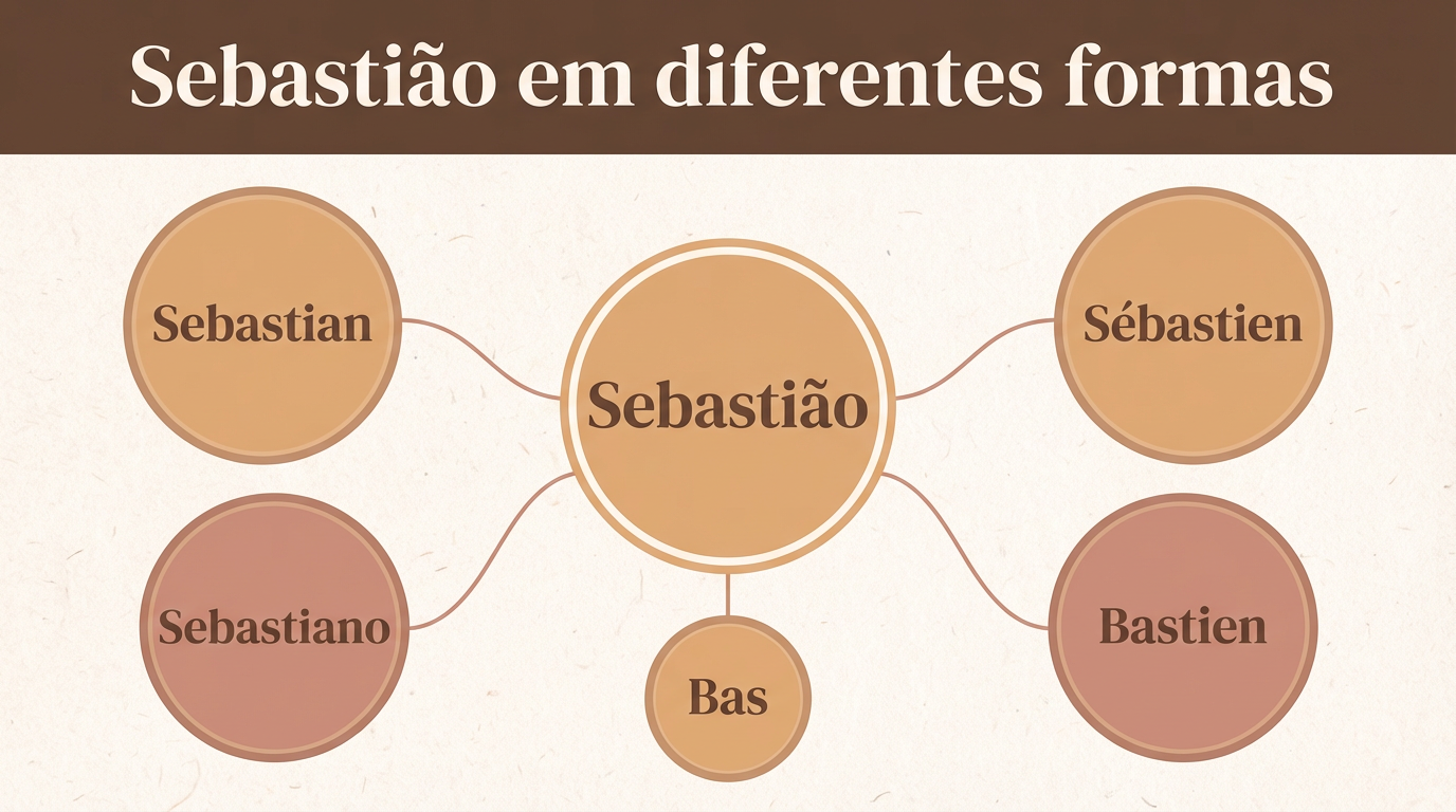 Mapa conceitual com variantes do significado do nome Sebastião em diferentes línguas e formas relacionadas.