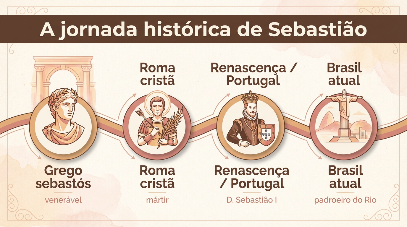 Infográfico sobre o significado do nome Sebastião mostrando a trajetória do grego ao Brasil atual.