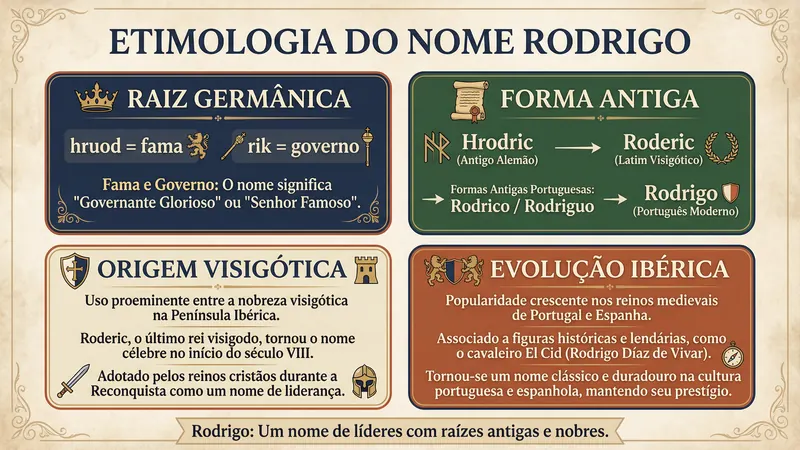 Diagrama Etimológico — Significado do Nome Rodrigo Diagrama editorial mostrando a cadeia etimológica do significado do nome Rodrigo: de hruod (fama) e rik (governante) a Rodericus e Rodrigo.