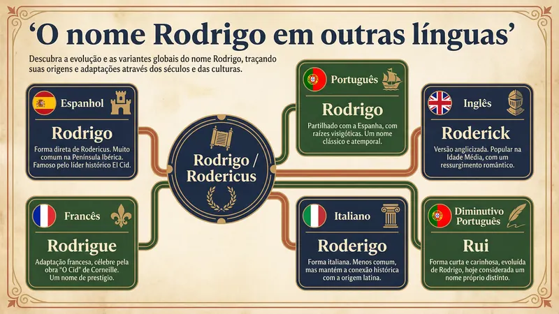 O Nome Rodrigo em Outras Línguas Quadro editorial mostrando o significado do nome Rodrigo em outras línguas, incluindo Roderick, Rodrigue, Rurik, Rui e Ludhriq.