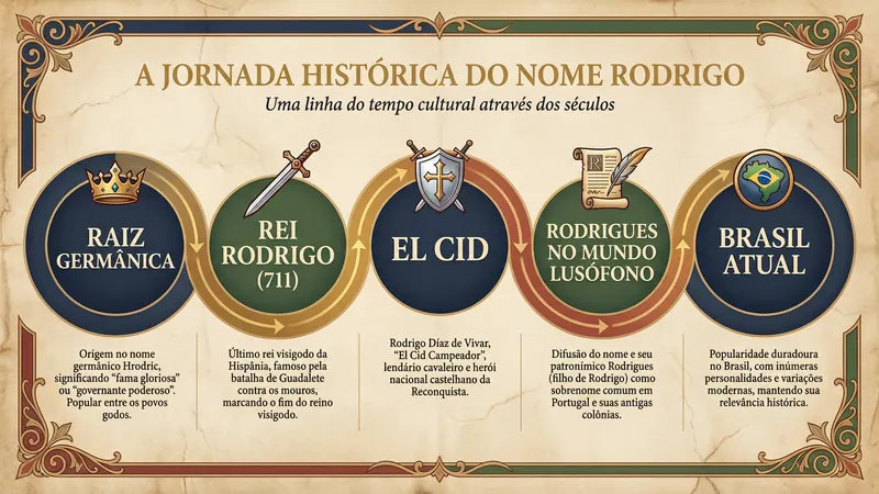 Timeline Histórica — Difusão do Nome Rodrigo Linha do tempo editorial sobre a difusão histórica do significado do nome Rodrigo, dos visigodos ao Brasil contemporâneo.