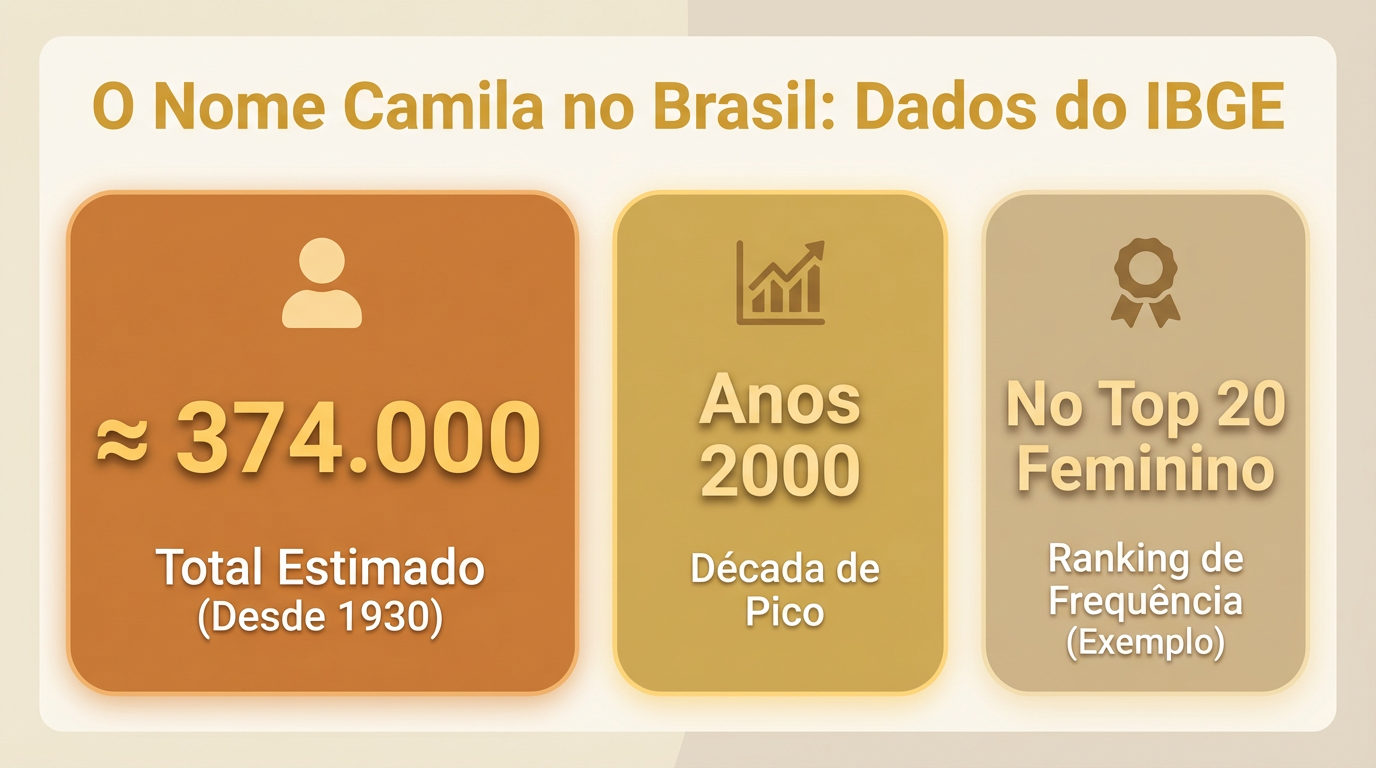 Infográfico editorial com dados do nome Camila no Brasil segundo o IBGE, destacando total de registros, ranking nacional e idade mediana.