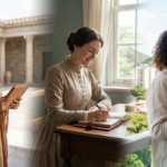 Cena panorâmica editorial sobre o significado do nome Camila, mostrando uma jornada feminina contínua entre a Antiguidade, a memória clássica e o Brasil contemporâneo.