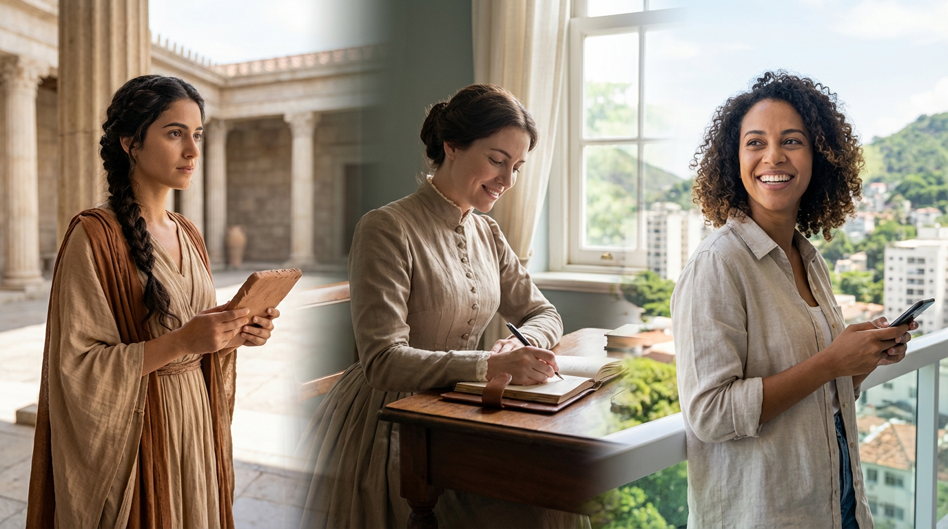 Cena panorâmica editorial sobre o significado do nome Camila, mostrando uma jornada feminina contínua entre a Antiguidade, a memória clássica e o Brasil contemporâneo.