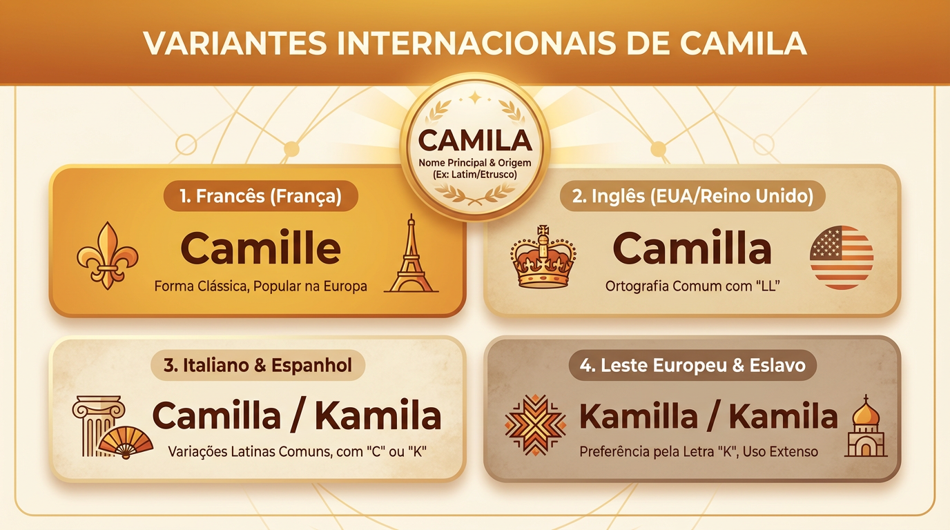 Quadro editorial com variantes do nome Camila em diferentes idiomas, incluindo Camilla, Camille, Kamila e Kamilla.