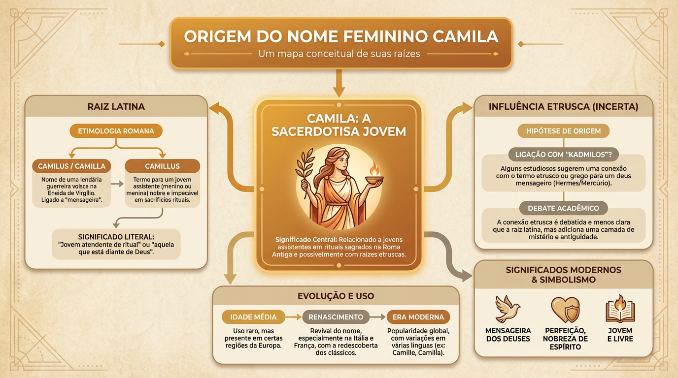 Infográfico editorial sobre o significado do nome Camila, mostrando a relação entre Camila, Camilla, Camillus e a etimologia incerta.