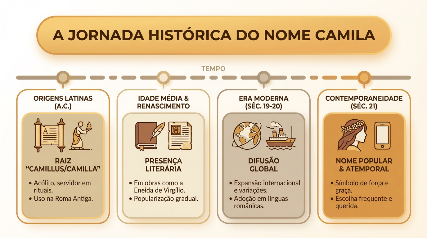 Linha do tempo editorial sobre o significado do nome Camila, ligando origem antiga, tradição clássica, circulação moderna e presença no Brasil.