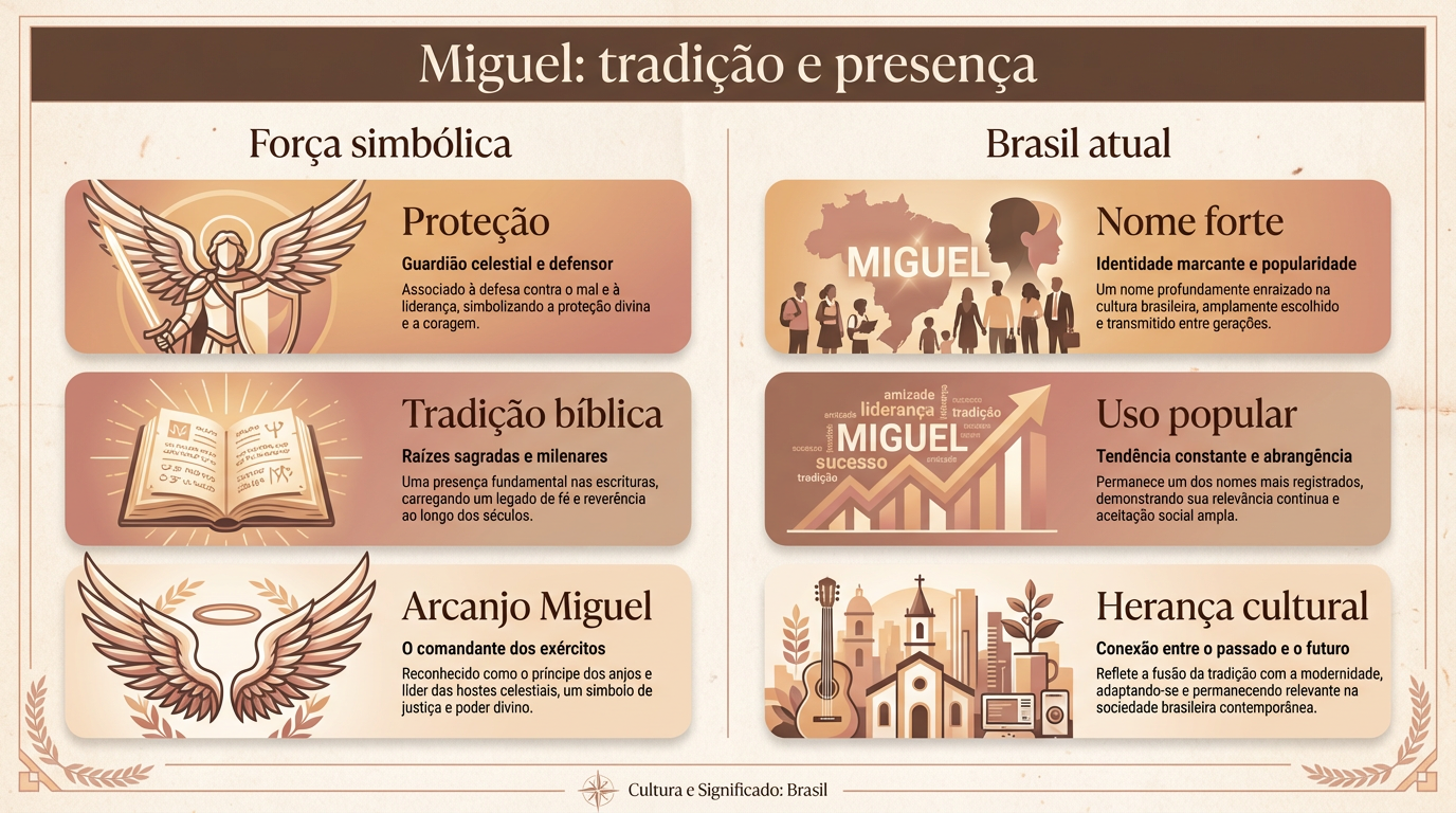 Infográfico comparativo sobre o significado do nome Miguel, relacionando força simbólica, tradição bíblica e presença no Brasil atual.