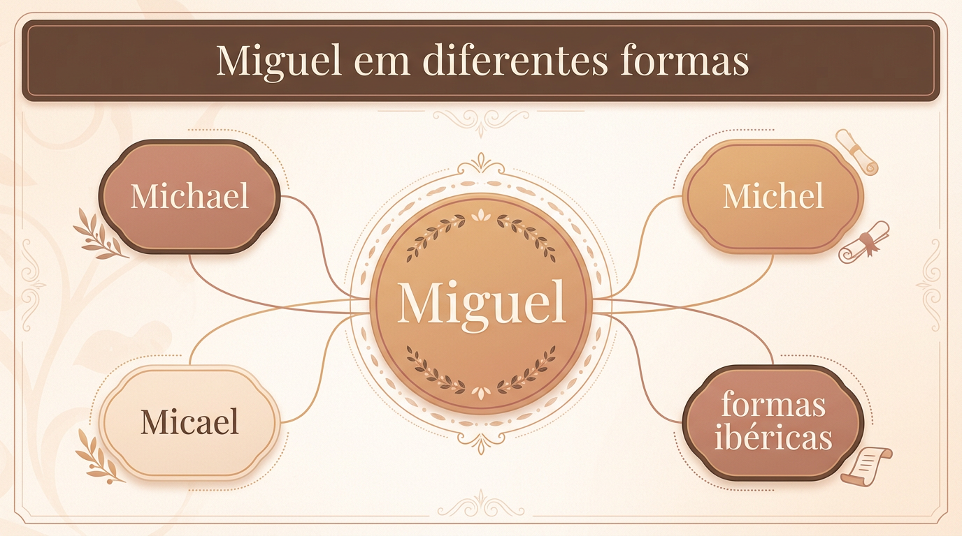 Mapa conceitual com variantes do significado do nome Miguel em diferentes línguas e formas relacionadas.