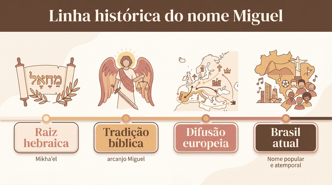 Infográfico sobre o significado do nome Miguel mostrando a trajetória histórica da raiz hebraica ao Brasil atual.