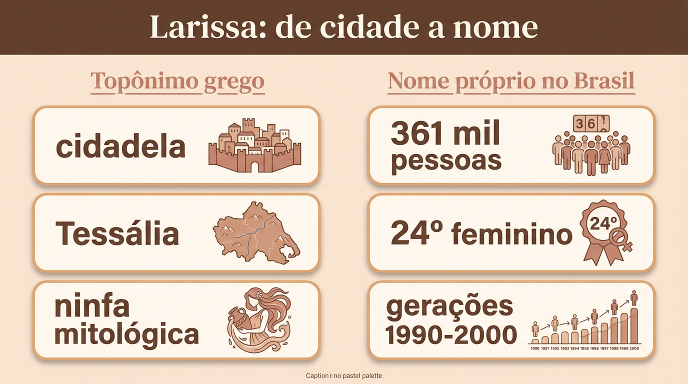 Larissa: de Cidade a Nome Infográfico comparativo sobre o significado do nome Larissa, relacionando o topônimo grego com o nome próprio consolidado no Brasil.