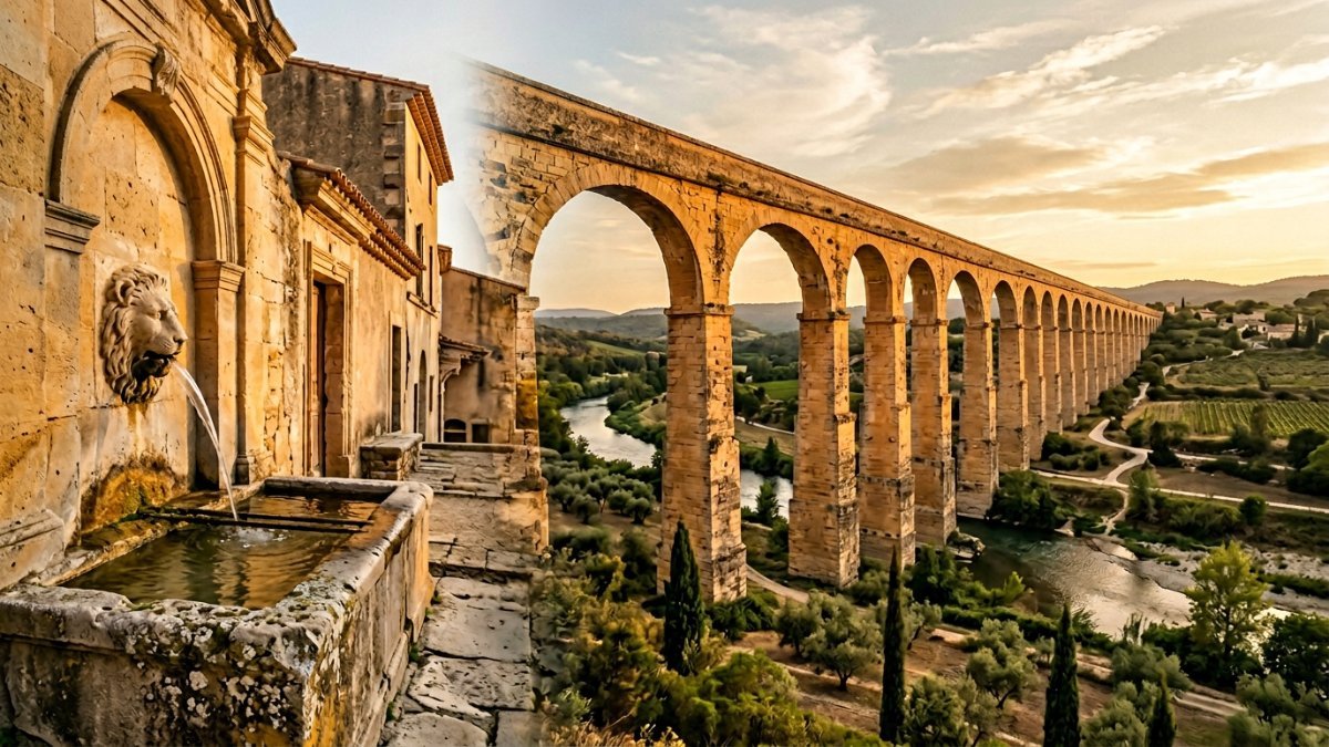 Origem da palavra água: fonte romana com água cristalina fluindo de leão de pedra, passando por aqueduto romano com arcos monumentais ao pôr do sol, até cozinha brasileira com filtro de barro e copo de água sobre mesa de madeira