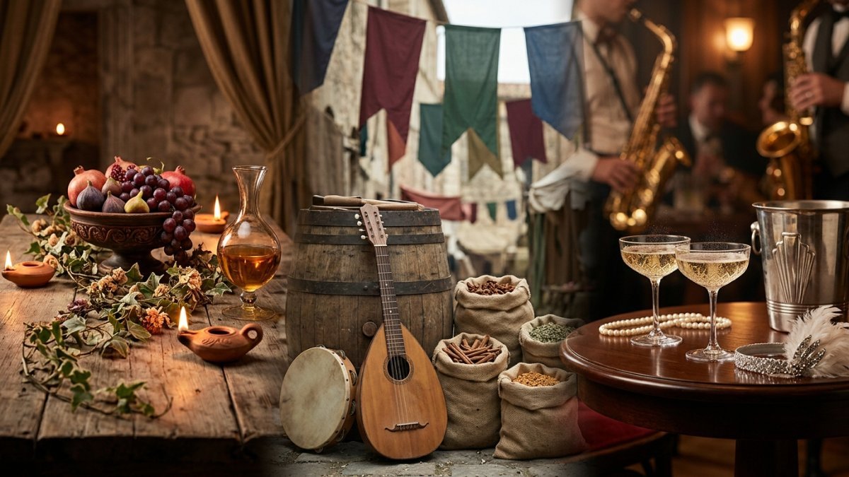Origem da palavra alegria: mesa de banquete romano com taça de terracota transbordando uvas e figos entre guirlandas de flores, passando por feira medieval com alaúde e pandeiro sobre barril entre estandartes, até festa junina brasileira com bandeirinhas, canjica e luzes douradas