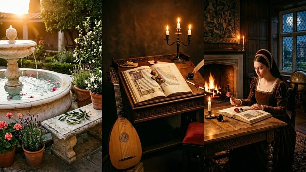 Origem da palavra amor: jardim romano com fonte de mármore e pétalas de rosa, passando por mesa de trovador medieval com manuscrito e alaúde, até varanda brasileira com xícaras de café e carta de amor