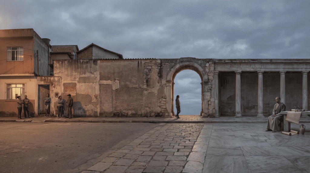 Diferença entre moral e ética: cena panorâmica contínua mostrando vizinhança brasileira com moradores conversando, transição por arco de pedra e colunas clássicas com filósofo e pergaminhos.