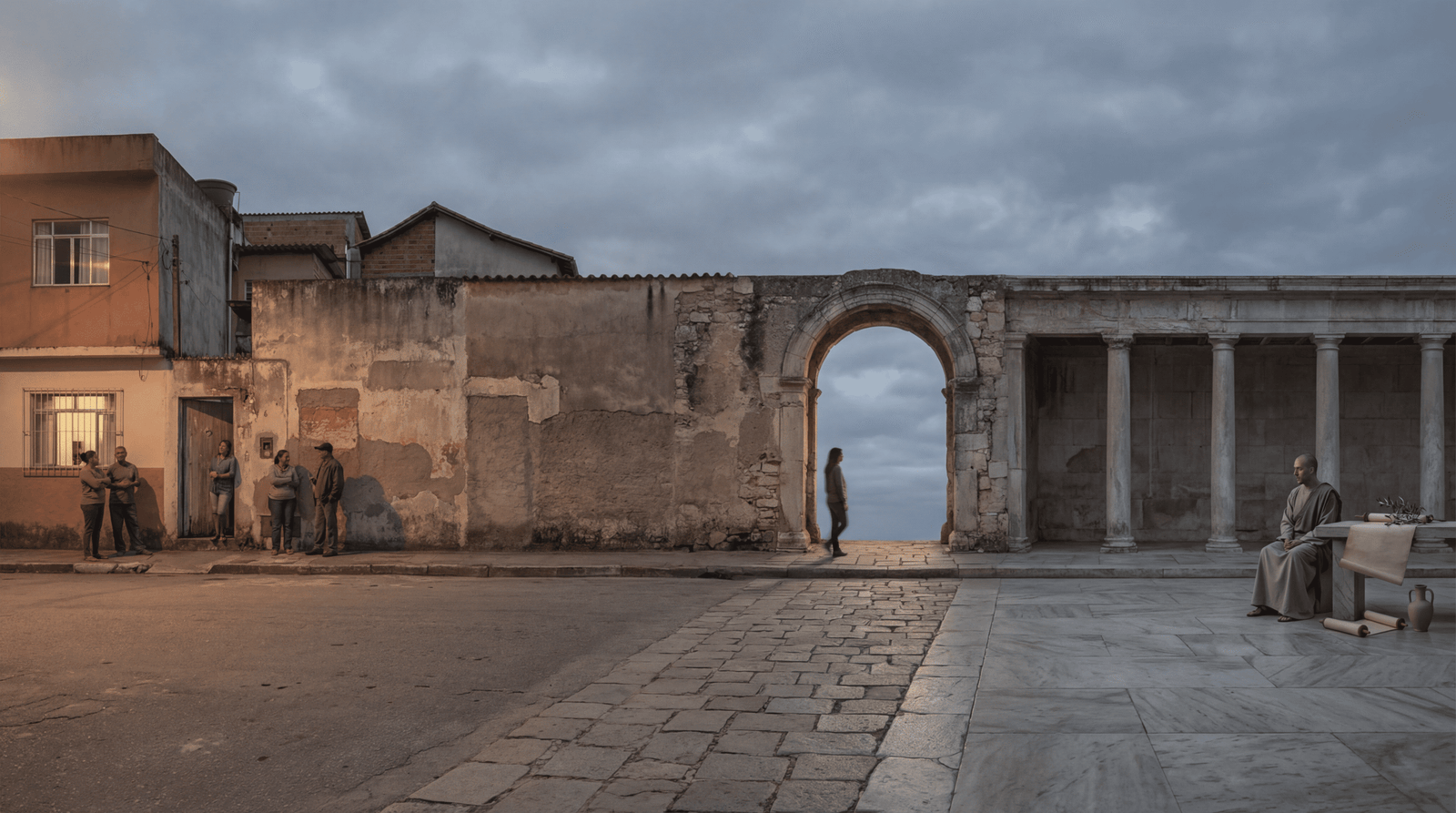 Diferença entre moral e ética: cena panorâmica contínua mostrando vizinhança brasileira com moradores conversando, transição por arco de pedra e colunas clássicas com filósofo e pergaminhos.