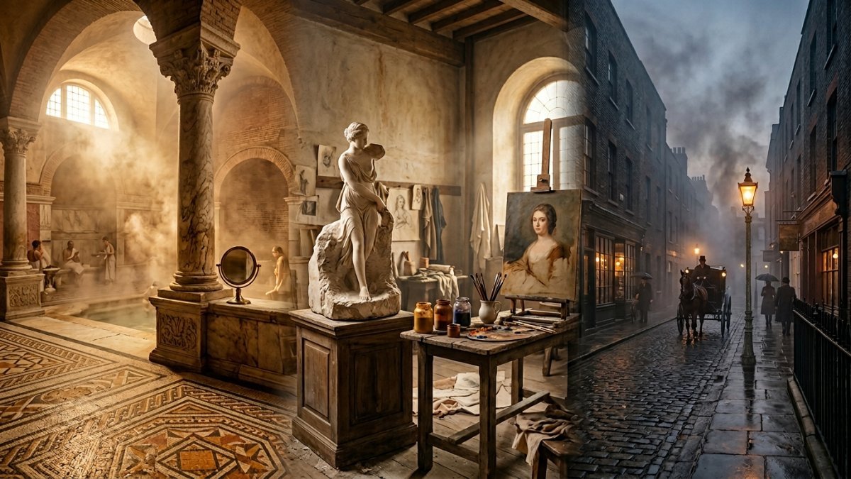 Origem da palavra beleza: detalhe de termas romanas com mosaico geométrico, coluna de mármore e espelho de bronze, passando por ateliê renascentista com escultura inacabada e pincéis, até jardim botânico brasileiro com orquídea em flor e borboletas sob luz dourada da manhã