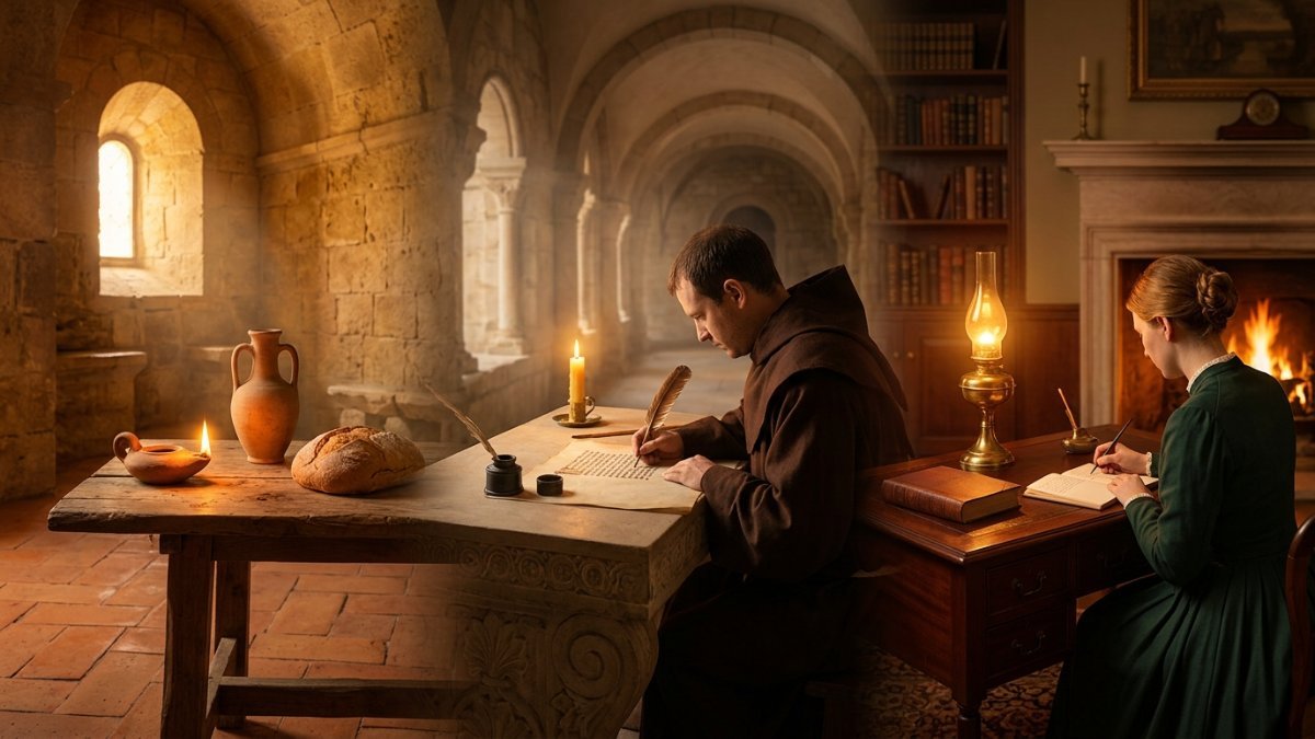 Origem da palavra casa: da domus romana com lamparina e pão sobre mesa de madeira, passando por scriptorium medieval com manuscrito à luz de velas, até cozinha brasileira contemporânea com café e azulejos artesanais