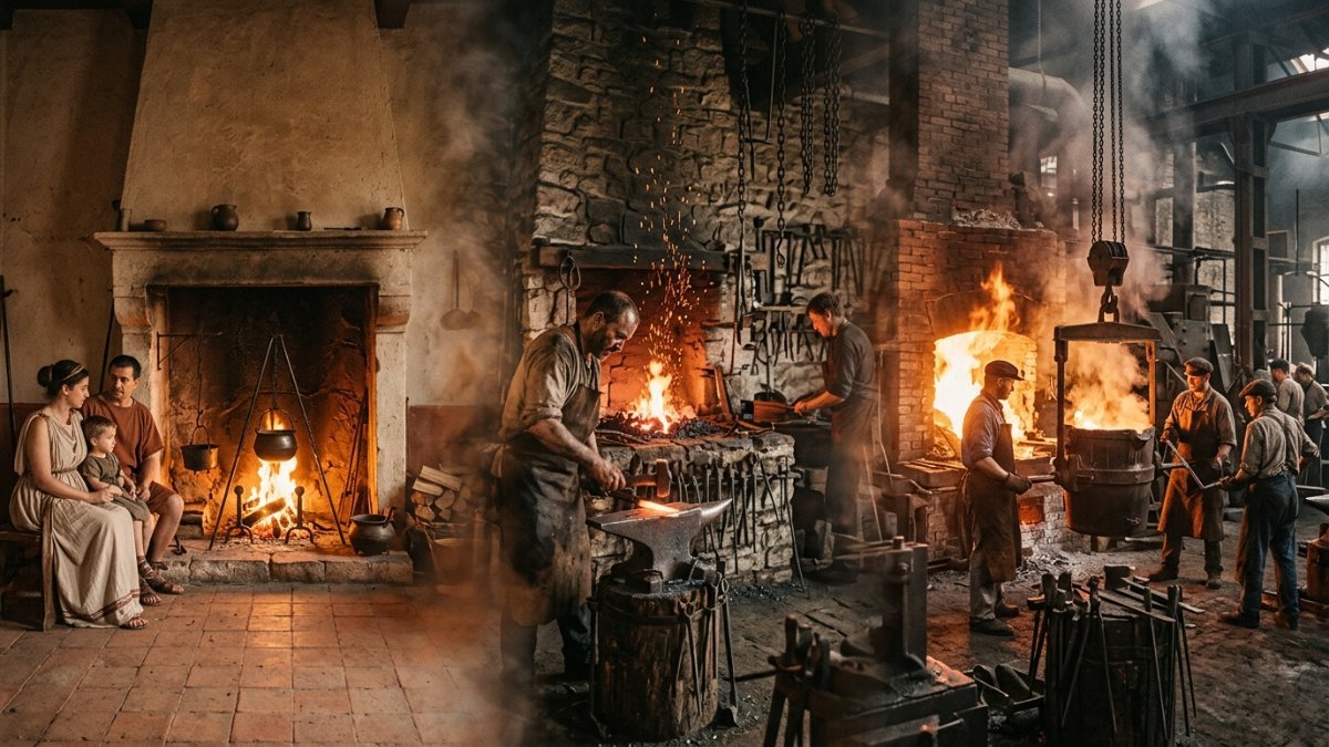 Origem da palavra fogo: lareira romana (focus) com chamas crepitantes no centro da domus, passando por forja medieval de ferreiro com brasa e faíscas, até fogão brasileiro com chama sob panela de barro e temperos