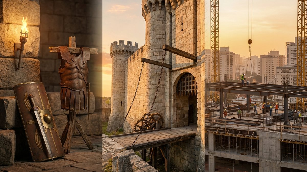 Origem da palavra força: equipamento de legionário romano com escudo de bronze e gládio junto a muro de pedra, passando por fortificação medieval com muralha, ponte levadiça e correntes de ferro ao pôr do sol, até canteiro de obras brasileiro com vigas de aço e capacete sob luz dourada do entardecer