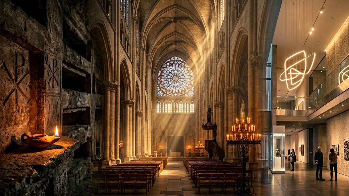 Origem da palavra luz: lucerna romana acesa em catacumba de pedra, passando por interior de catedral medieval com raios de sol pela rosácea, até casa brasileira ao entardecer com luz natural e abajur moderno entre plantas tropicais