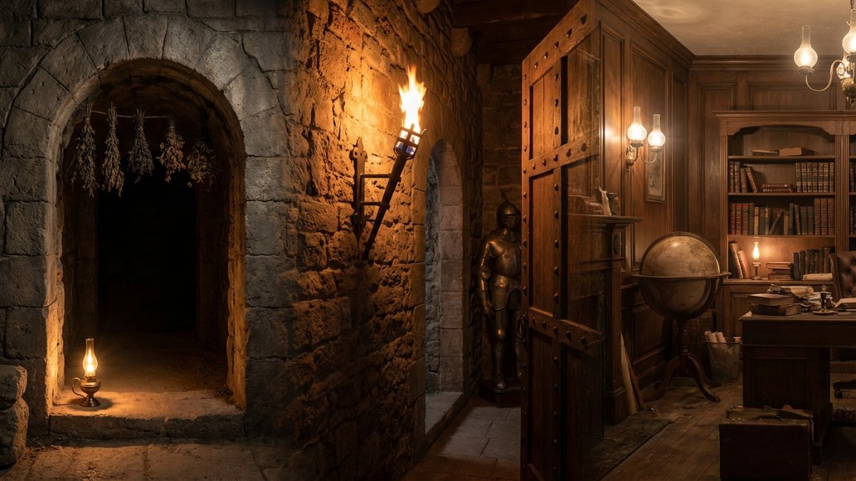 Origem da palavra medo: entrada de cripta romana com arco de pedra escuro e lamparina no limiar, passando por corredor de castelo medieval com tocha e armadura nas sombras, até quarto de criança brasileira com abajur noturno e porta do armário entreaberta