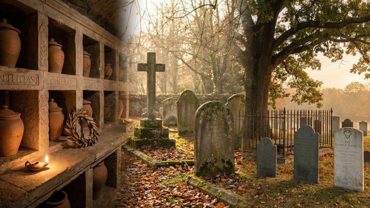 Origem da palavra morte: columbário romano com urnas de terracota em nichos de pedra e lamparina memorial, passando por cemitério de mosteiro medieval com cruz de pedra e folhas outonais douradas, até cena brasileira de Dia de Finados com cravos-de-defunto, vela acesa e retrato de família