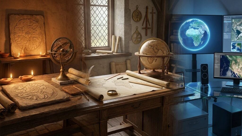 Origem da palavra mundo: mapa-múndi romano esculpido em pedra e esfera armilar de bronze, passando por oficina cartográfica da Era dos Descobrimentos com globo e instrumentos náuticos, até quarto de criança brasileira com globo terrestre e cartões-postais de viagem