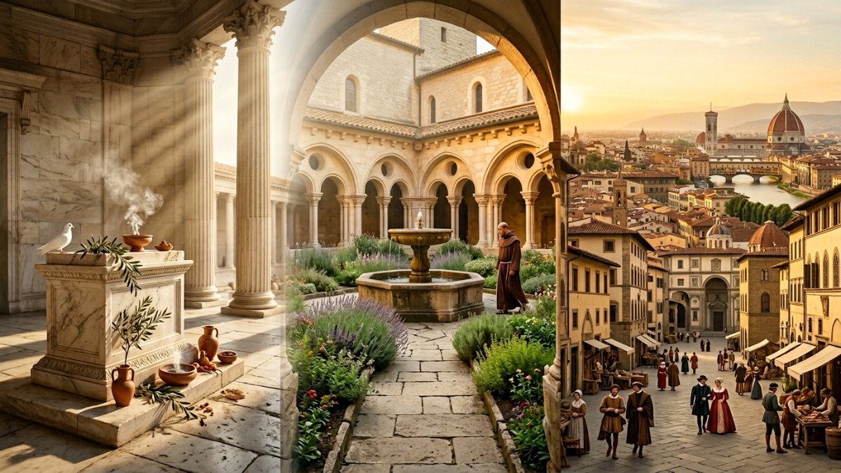 Origem da palavra paz: templo romano de Pax com ramo de oliveira sobre altar de mármore e pomba, passando por claustro de mosteiro medieval com fonte e jardim de lavanda, até praia brasileira tranquila ao nascer do sol com barco de pesca e rede