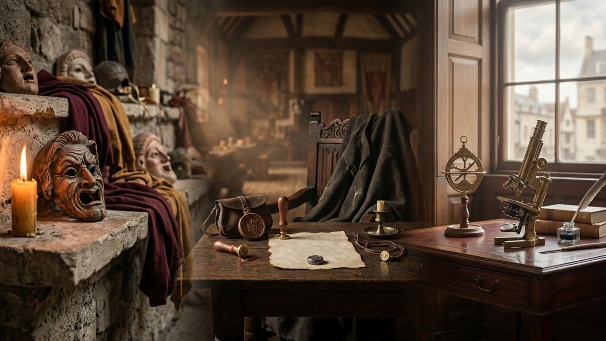 Origem da palavra pessoa: máscaras teatrais romanas (personae) em prateleira de pedra dos bastidores, passando por selo de identidade e pertences de mercador medieval sobre mesa de carvalho, até porta de casa brasileira com sandálias, caneca e jardim de ervas