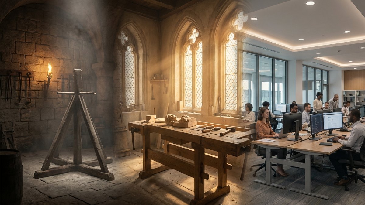 Origem da palavra trabalho: do tripalium romano em câmara de pedra, passando por oficina medieval com ferramentas de carpintaria, até co-working brasileiro moderno com laptop e vista urbana ao pôr do sol
