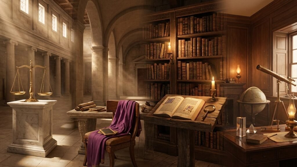 Origem da palavra verdade: balança de justiça romana em bronze sobre pedestal de mármore com pergaminhos de lei, passando por biblioteca universitária medieval com códice filosófico e lupa, até mesa de jornalista brasileiro com caderno, laptop e café ao entardecer