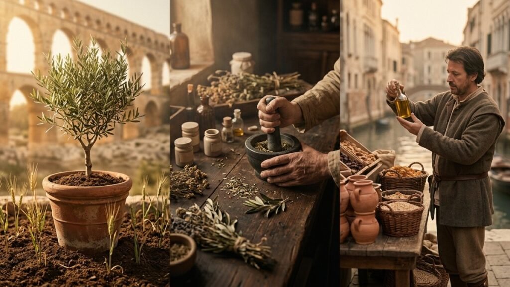 Origem da palavra vida: oliveira jovem em vaso de terracota romano com trigo brotando, passando por boticário medieval com ervas e manuscrito botânico, até feira brasileira com frutas tropicais ao sol da manhã