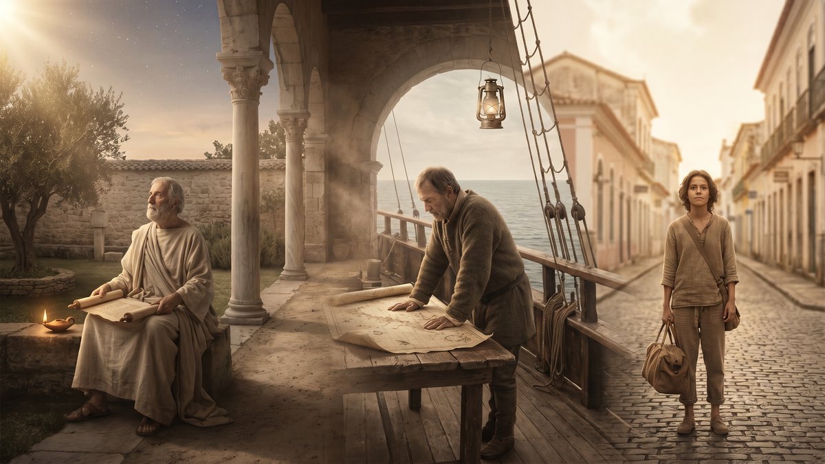 Panorâmica editorial sobre a origem da palavra destino com três cenas humanas do filósofo romano ao navegador medieval e ao jovem brasileiro na encruzilhada